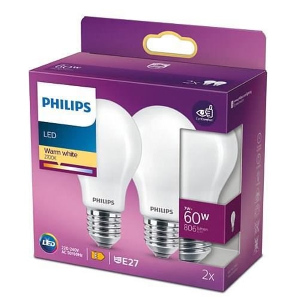 Philips LED-lampa Ekvivalent 60W E27 Varmvit, ej dimbar, glas, set om 2