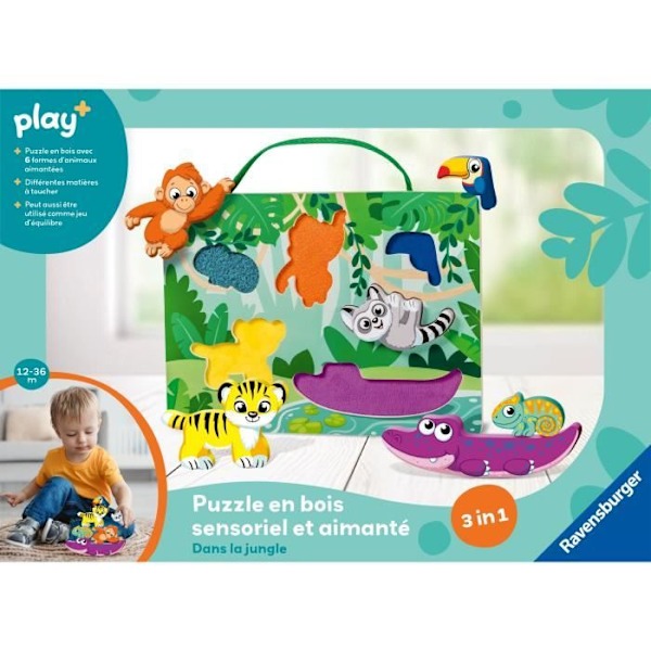 Ravensburger play+, Sensoriskt och magnetiskt träpussel - I djungeln, 6-36 månader, Första ålder, baby