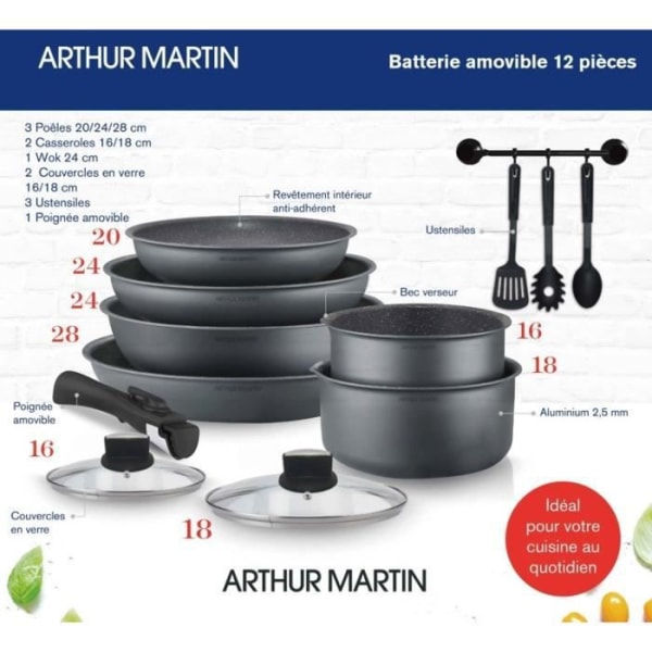 Cooking Battery Arthur Martin AM268GM 12 stycken - Aluminium - avtagbart handtag - Alla lampor inklusive induktion