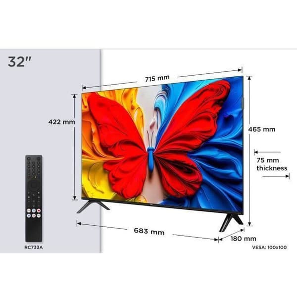 TCL 32S51K QLED 32” Smart TV Full HD HDR10 Android TV, Wi‑Fi & Bluetooth, 2x HDMI 1.4 Grå one size