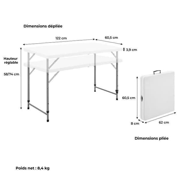 Fällbart receptionsbord för 4, 122 cm, stålram & PEHD-skiva, vit – höjd 58/74 cm Vit one size