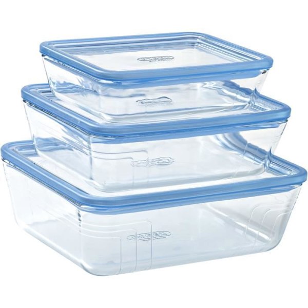 Set med 3 förvaringsbehållare med lock - PYREX - Zero Plastic - Glas - Rektangulär - 0,8/1,5/2,6 L