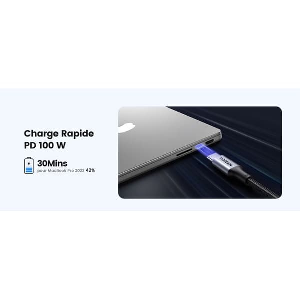 USB-C-kabel - UGREEN - Förstärkt typ C till C-kabel - 1 m - 100W - Svart