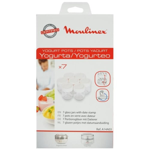 MOULINEX A14A03 - 7 glasburkar med vitt lock och datumstämpel för Yogurta- och Yogurteo-yoghurtstillverkare