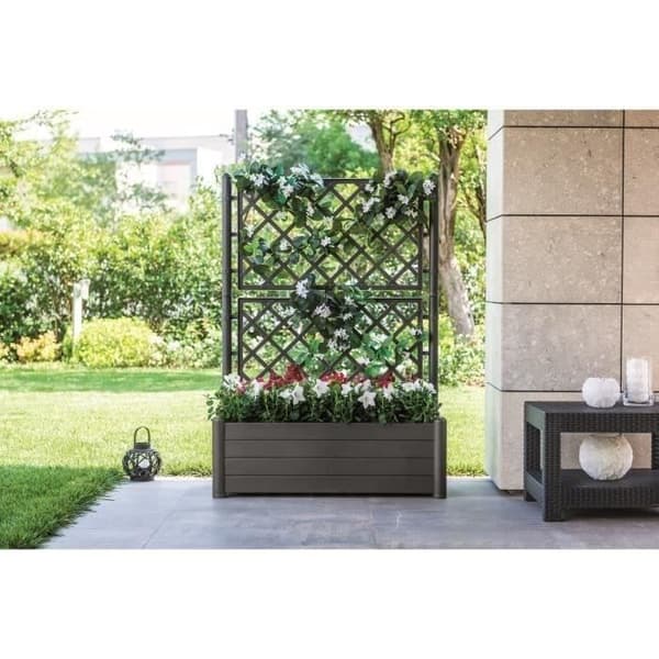STEFANPLAST Rektangulär planteringslåda med spaljé - Trä finish - 100 x 43 x H 142 cm - 80 L - Grafit