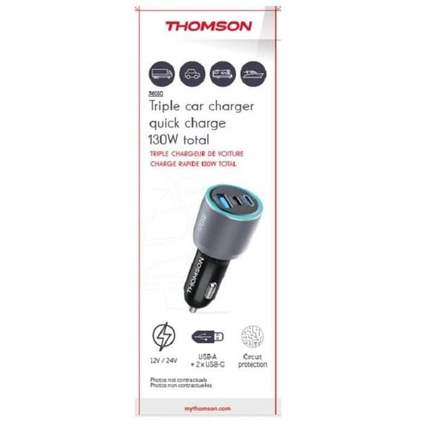Billaddare - THOMSON - 130 W - Helt ny generation GaN-teknik - 2 USB-C - PD 100 W + PD 30 W