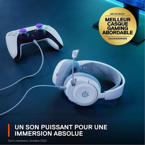 Spelheadset - STEELSERIES - Arctis Nova 1P Vit - Kabelanslutet - Multiplattform - Vit / Grå