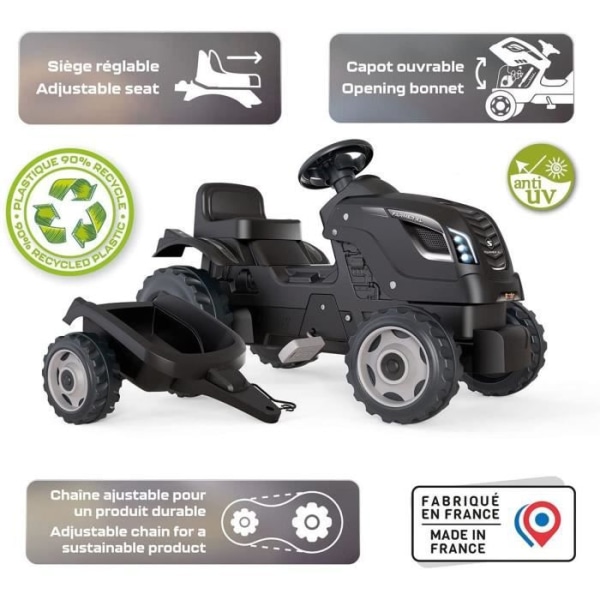 Smoby Farmer XL Pedal Tractor + Trailer - Black