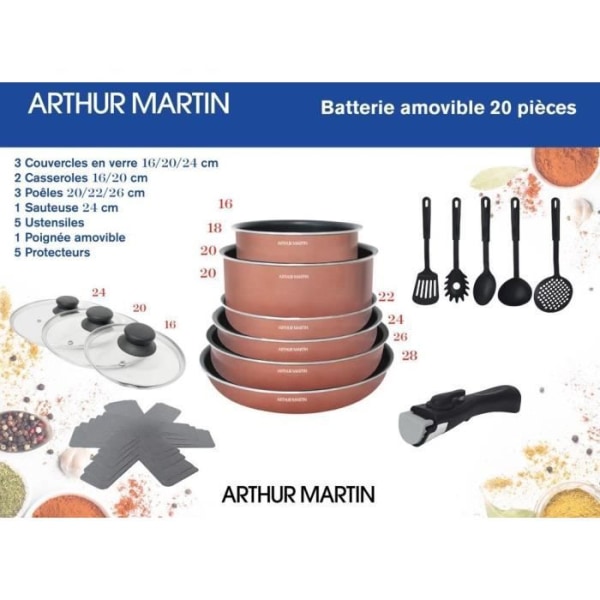 Kök batteri 20 stycken Arthur Martin - aluminium - avtagbart handtag - alla lampor inklusive induktion
