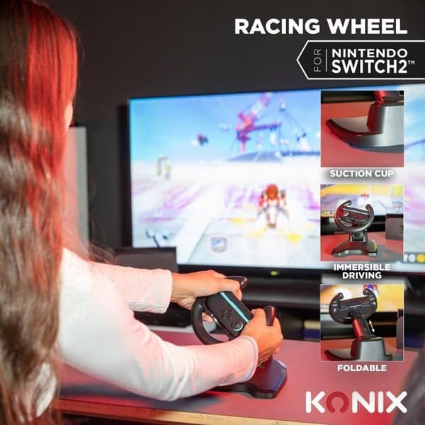 Konix Racing Wheel - Nintendo Switch Joy-Con 2 Controller - Mario Kart World Kompatibel - Sugkoppsfäste - Svart