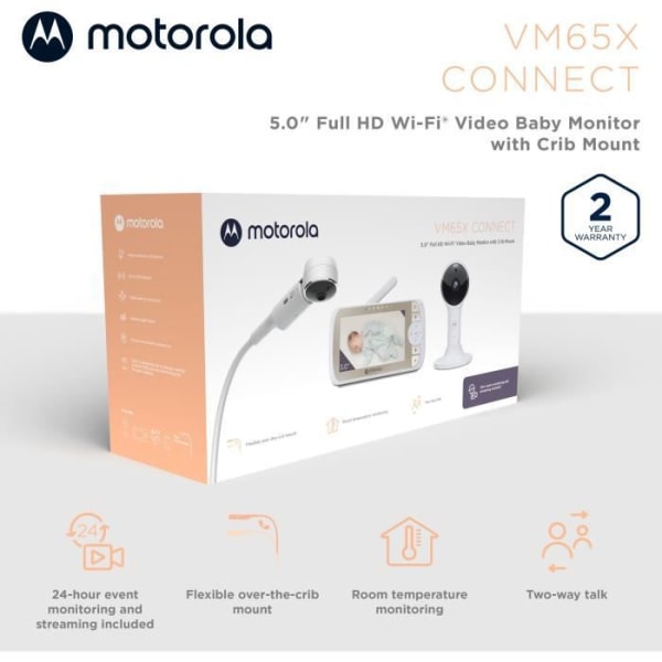 Baby Lyssna VM 65 Connect 2en1 WiFi på Tel + Video -skärm 5 med fotbäddsvision Grand Angle -Temperatur -T -Walkie -Motorola