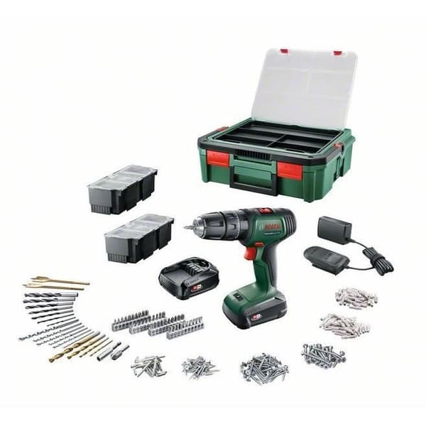 Bosch UniversalDrill 18 förarborr (2 batterier 1,5Ah + SystemBox + 241 tillbehör)
