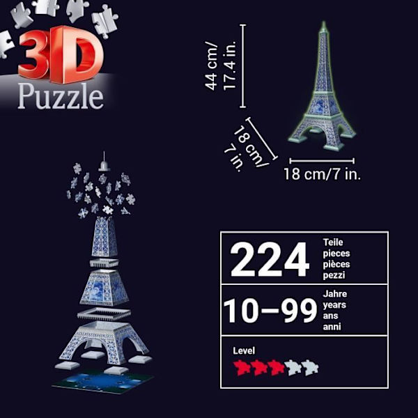 Ravensburger-Puzzle 3D Fosforescerande Eiffeltorn 50 år-Från 10 år-216p numrerad för att montera utan lim-Tillbehör ingår-11591