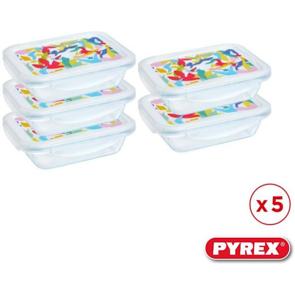 Matlåda - PYREX - Set med 5 glasbehållare - Rektangulär - Lufttätt lock - Abstrakt design - 0,80 L