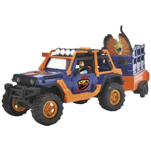 Dickie - Dinosaur Commander - 1 Jeep Wrangler med släp + 1 ledad figur + 2 dinosaurier