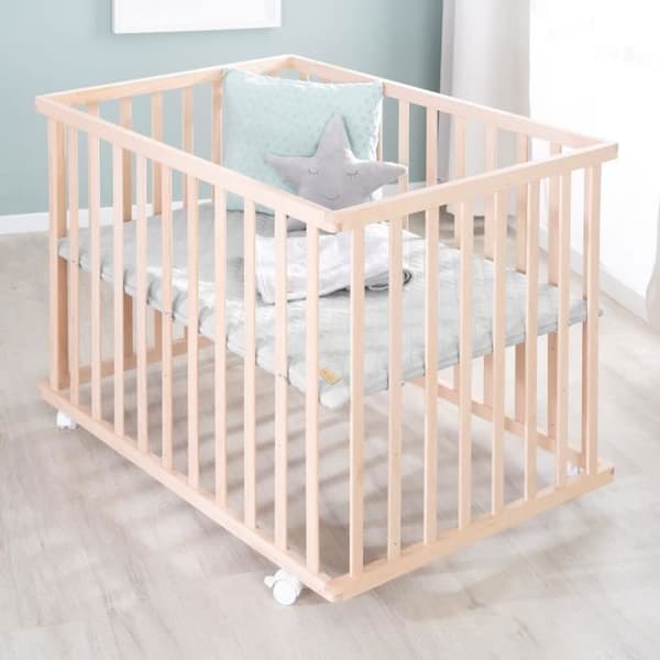 Lekhage för bebisar - ROBA - 75 x 100 cm - Grå lekhagematta 'Roba Style' ingår - Hjul - Naturträ