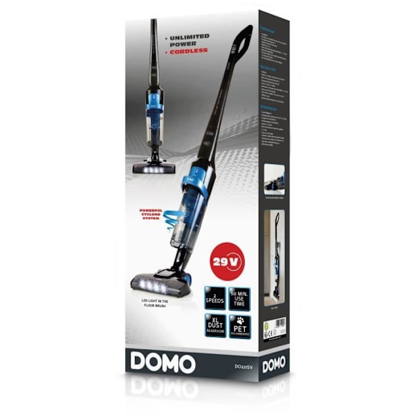 DOMO Sladdlös stickdammsugare DO221SV - Cyklonsystem - Li-Ion-batteri 29 V - Autonomi 50 min - Svart