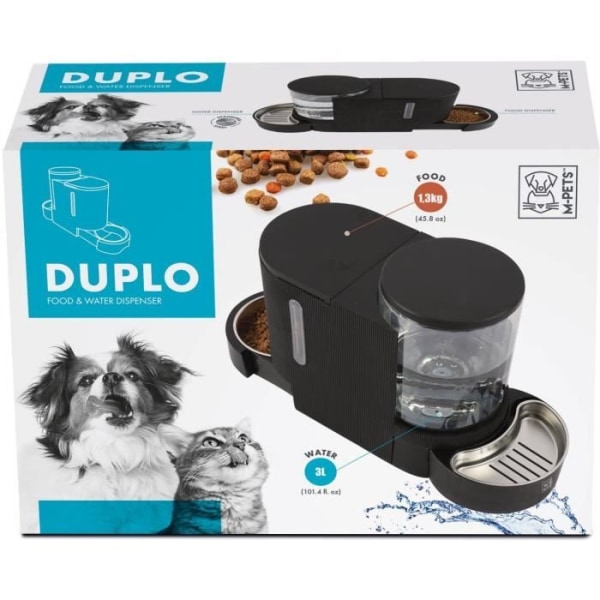 M.PETS DUPLO foder- och vattendispenser 1,3kg/3L - 40x16,2x29,1 cm - Svart