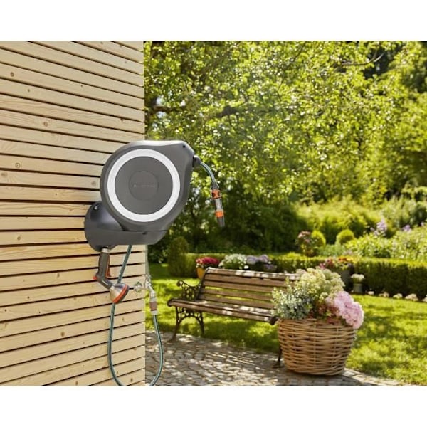 GARDENA Väggmonterad automatisk slangrulle RollUp M 20 m med vit kant