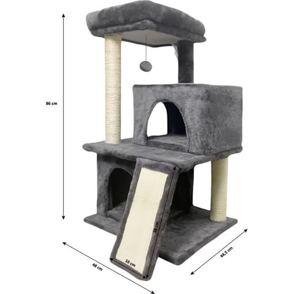 FLOPI Mörkgrå kattträd - 44,5 x 48 x 86 cm - Mörkgrå - 1 plattform, 1 lekboll, 2 kennelar, 1 ramp