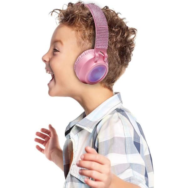 LEXIBOOK - Hopfällbara Bluetooth- och trådbundna lysande hörlurar med rosa 3D-strasdesign och volymbegränsare