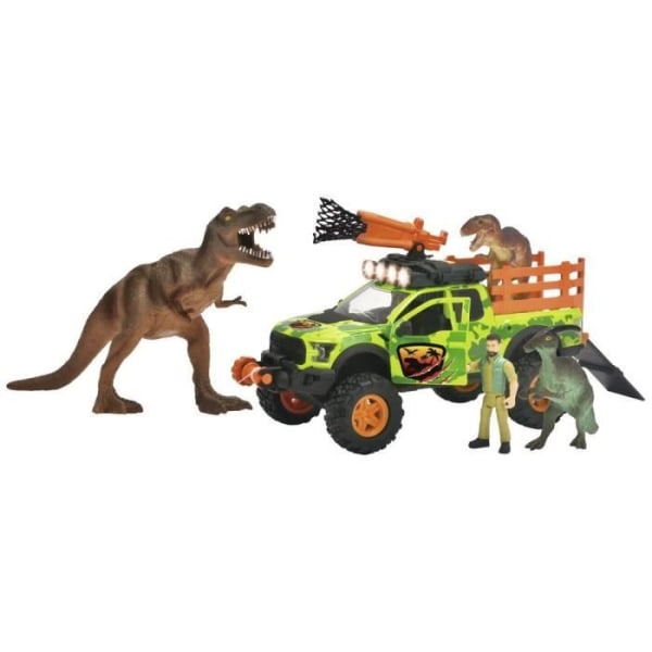Dickie - Dinosauriejägare - Fordon + vinsch + ledad figur och 3 dinosaurier - Ljud och ljus