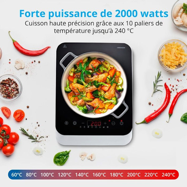 Bordshäll med induktionshäll  MEDION MD18490  1 brännare  2000W  8 program  10 nivåer  60-240°C  Svart/Vit
