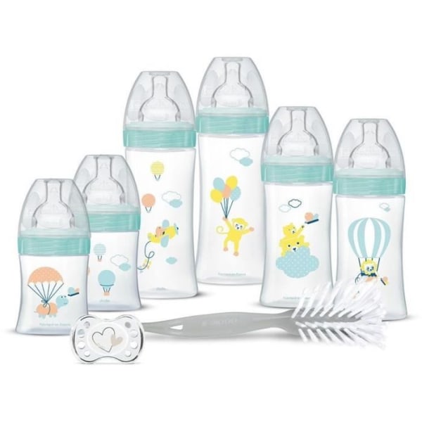 Dodie Birth Kit - 6 anti-kolikflaskor, platta spenar, 1 anatomisk napp 0-2 månader, 1 flaskborste - BPA-fri - Rosa