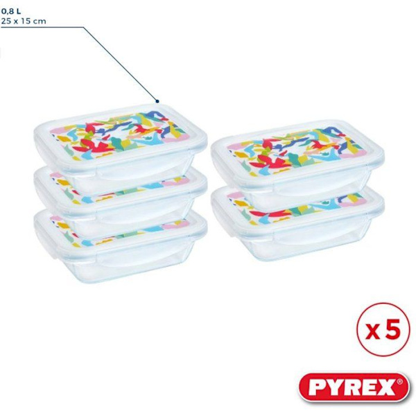 Matlåda - PYREX - Set med 5 glasbehållare - Rektangulär - Lufttätt lock - Abstrakt design - 0,80 L
