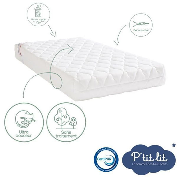 Bambu babymadrass - 70x140x10 cm - Mjuk viskos - Avtagbart överdrag - Utan kemisk behandling