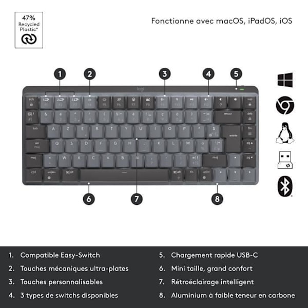Logitech - Trådlöst tangentbord - MX Mini - Mekanisk - Prestanda Bakgrundsbelyst - Grafit