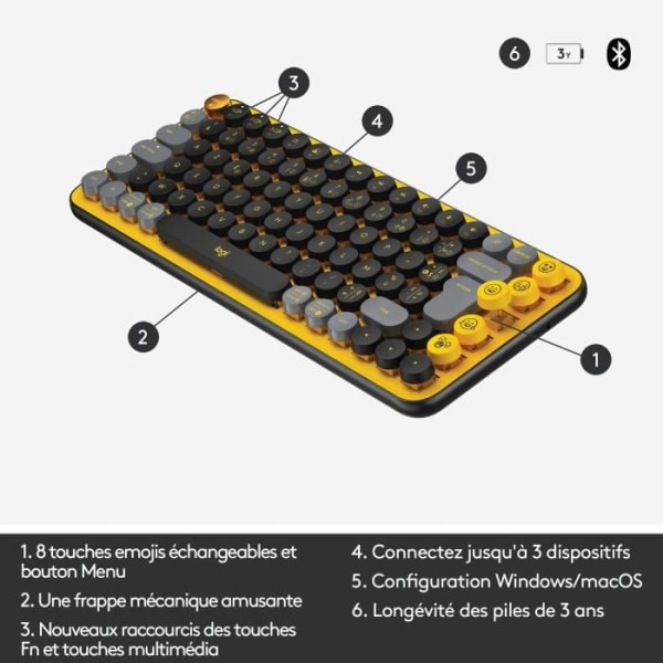 Logitech trådlöst tangentbord - mekaniska POP-nycklar med anpassningsbara emoji-nycklar, Bluetooth eller USB, hållbar kompakt design - gul