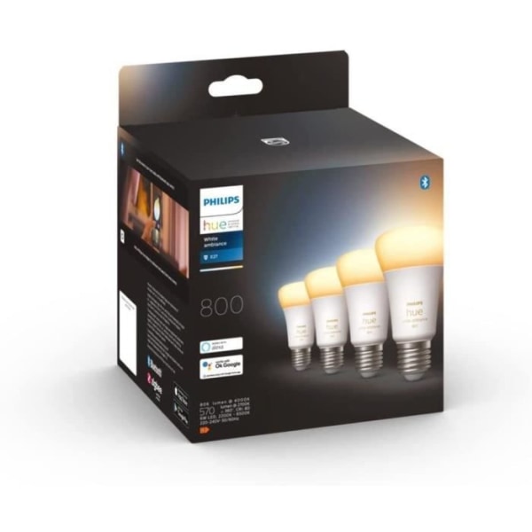Philips hue vit atmosfär, E27 ansluten LED -glödlampa, 60W motsvarande, 800 lumen, 4 pack, Bluetooth kompatibel