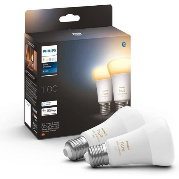 Philips Hue White Ambiance, LED Connected LED E27 Equivalent 75W, 1100 Lumen, Bluetooth Compatible, 2 Pack