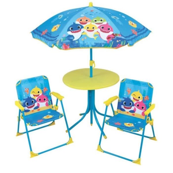 FUN HOUSE Baby Shark Trädgårdsmöbler - 1 bord H.46xø46 cm, 2 stolar H.53xB.38.5xD.37.5 cm och 1 parasoll H.125 x ø100 cm