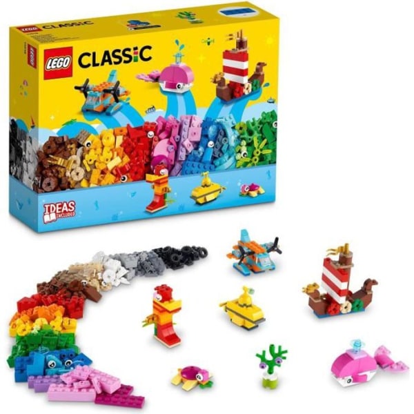 LEGO 11018 klassiska kreativa spel i havet, låda med klossar, 6 miniatyrmodeller av båt, ubåt, val