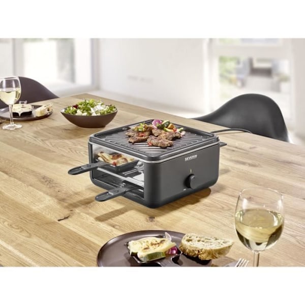 Raclette Grill - SEVERIN - RG2360 - 4 personer. - Kompakt - Tallrik 24 x 24 cm - Inkluderar 4 stekpannor och spatlar - Svart