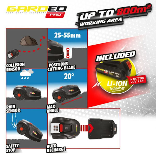 Robotgräsklippare - GARDEO - GRO20V20WIFI-2A - 20V - 800m² - Programmerbar Wifi