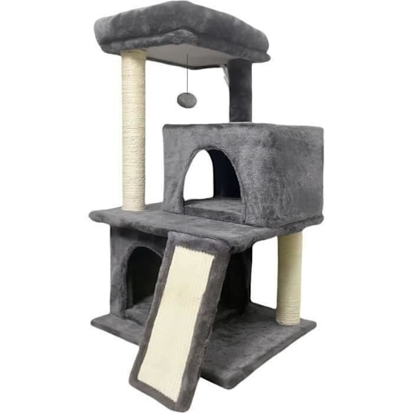 FLOPI Mörkgrå kattträd - 44,5 x 48 x 86 cm - Mörkgrå - 1 plattform, 1 lekboll, 2 kennelar, 1 ramp