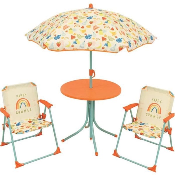FUN HOUSE Fruity's Trädgårdsmöbler - 1 bord H.46 x ø46 cm, 2 stolar H.53xB.38.5xD.37.5 cm och 1 parasoll H.125 x ø100 cm