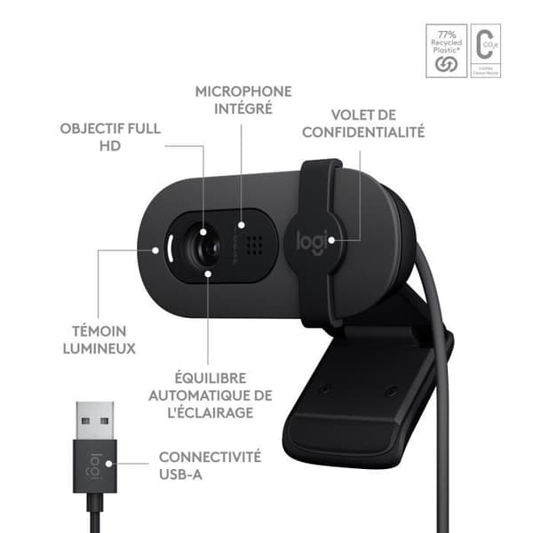 Webbkamera - Full HD 1080p - LOGITECH - Brio 100 - Integrerad mikrofon - Grafit - (960-001585)