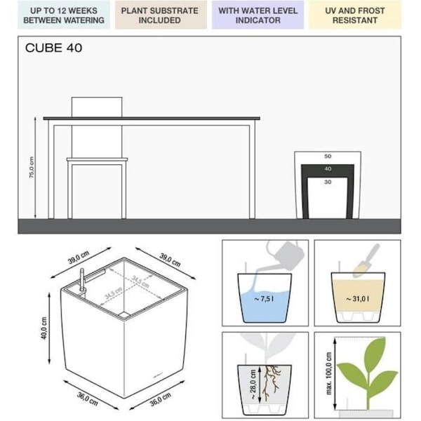 LECHUZA Cube Premium 40 blomkruka - komplett set, glänsande scharlakansröd