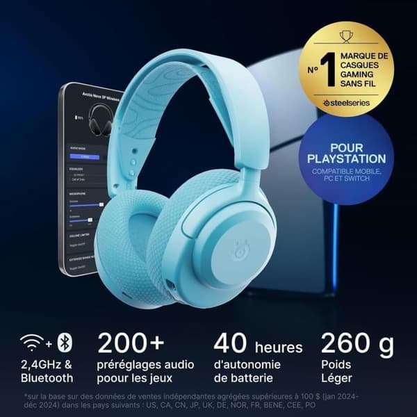 Trådlöst spelheadset - STEELSERIES - Arctis Nova 3PW - 40 timmars batteritid - Bluetooth + 2.4 GHz - Himmelsblå färg