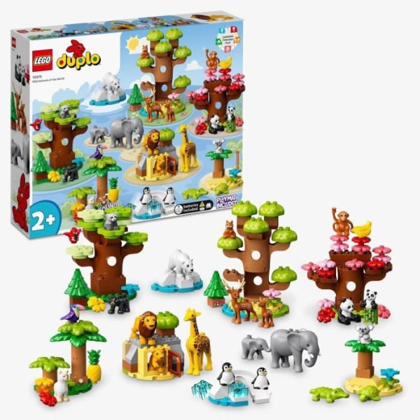 LEGO 10975 DUPLO Wild Animals of the World, pedagogisk leksak för 2-åringar, 22 lejon, rådjur, alpacka minifigurer, med lekmatta