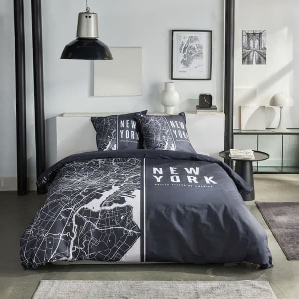 Sängkläder - IDAG - JAVA - 2 personer - 240x220 cm - Bomull - New York-tryck - Svart