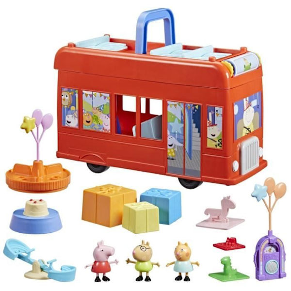 Peppa Pig, 2 i 1 Party Bus-set med 3 figurer och 13 tillbehör, förskoleleksaker för flickor och pojkar, 3 år