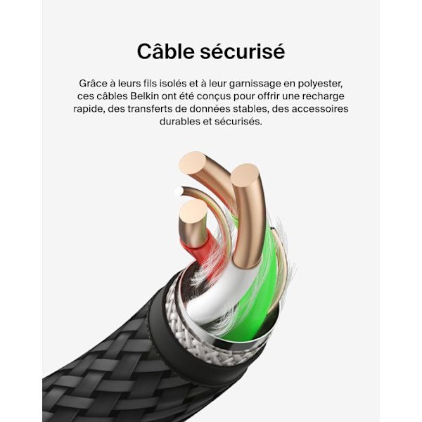 Flätad kabel - BELKIN - USB-C till USB-A - 1 m - Svart