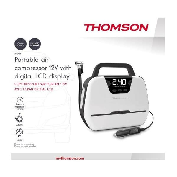 Luftkompressor - THOMSON - 12V - LCD digital display - Integrerad arbetslampa - Maximalt tryck 150PSA