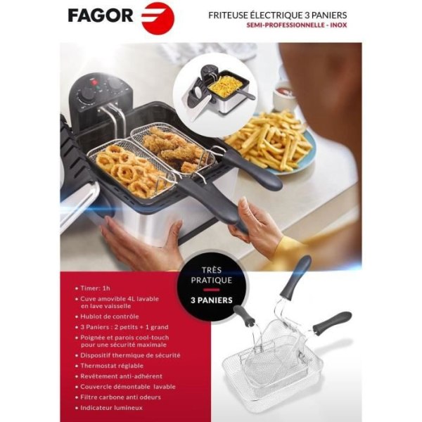 FAGOR FG124 - Elektrisk fritös - 4L - 2000W - 1,8 kg pommes frites - 3 korgar - Anti-luktkolfilter - Rostfritt stålhus