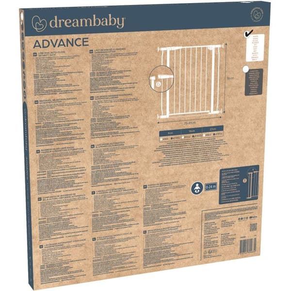 Säkerhetsgrind - DREAMBABY - Advance Auto-Close - Låg bas - Passar 75-81 cm, 76 cm höjd - Vit